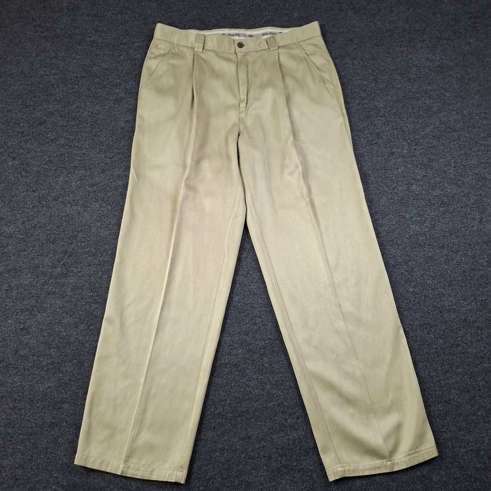 Tommy Bahama Pants Mens 34x30 Tan Khaki Pleated Wide Leg Silk Bld Trousers Chino